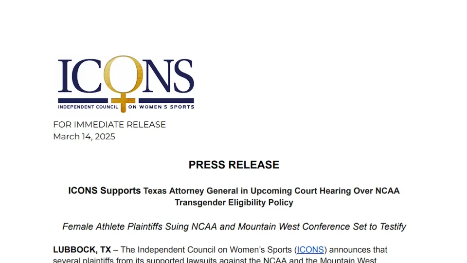 ICONS Supports Texas Attorney General in Upcoming Court Hearing Over NCAA Transgender Eligibility Policy